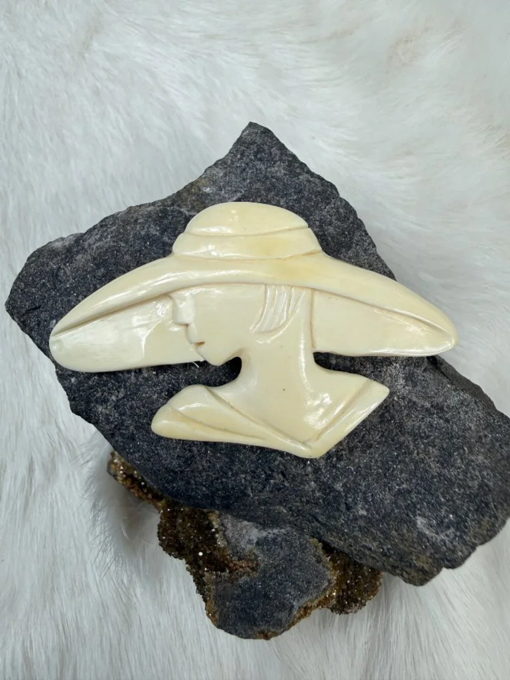 Vintage Carved Celluloid Woman in Hat Brooch 1.75
